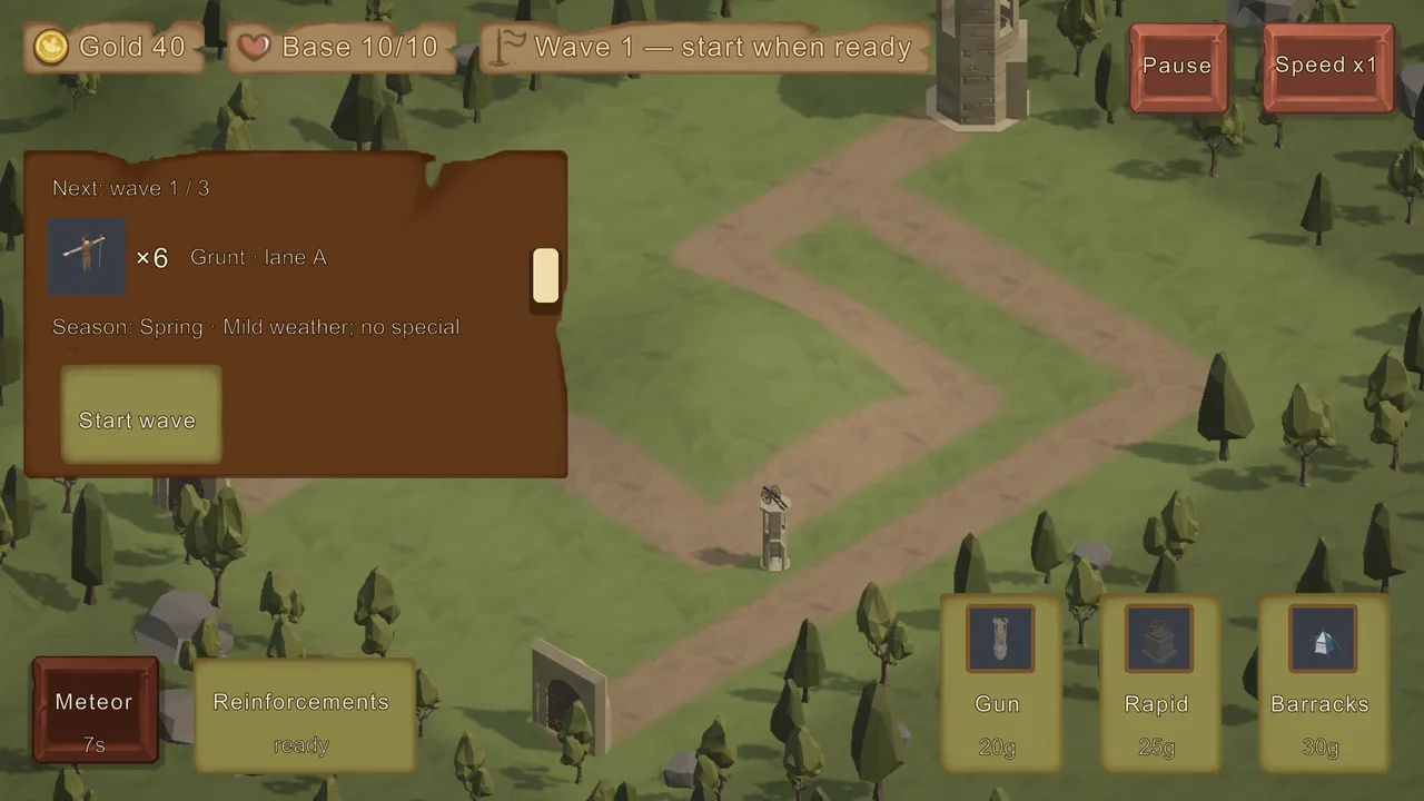 Next-wave panel showing the enemy type and lane before the wave starts, on a grassland map